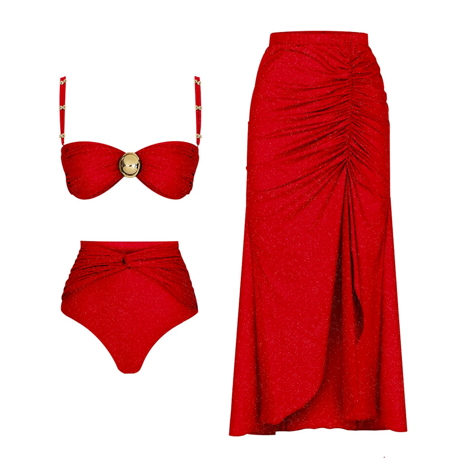 LustreLink: Işıltılı Yüksek Bel Bikini ve Etek Pareo Seti
