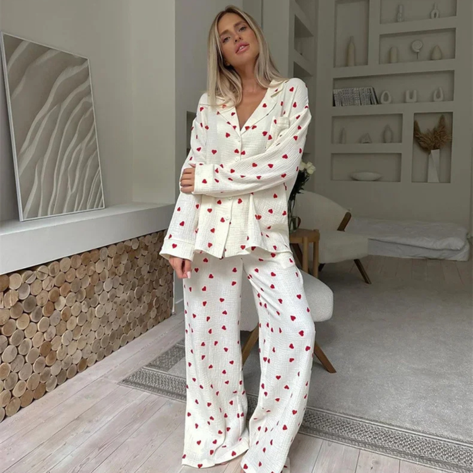 Heart & Haze: Kalp Desenli Bambu Kumaş Pijama Takımı