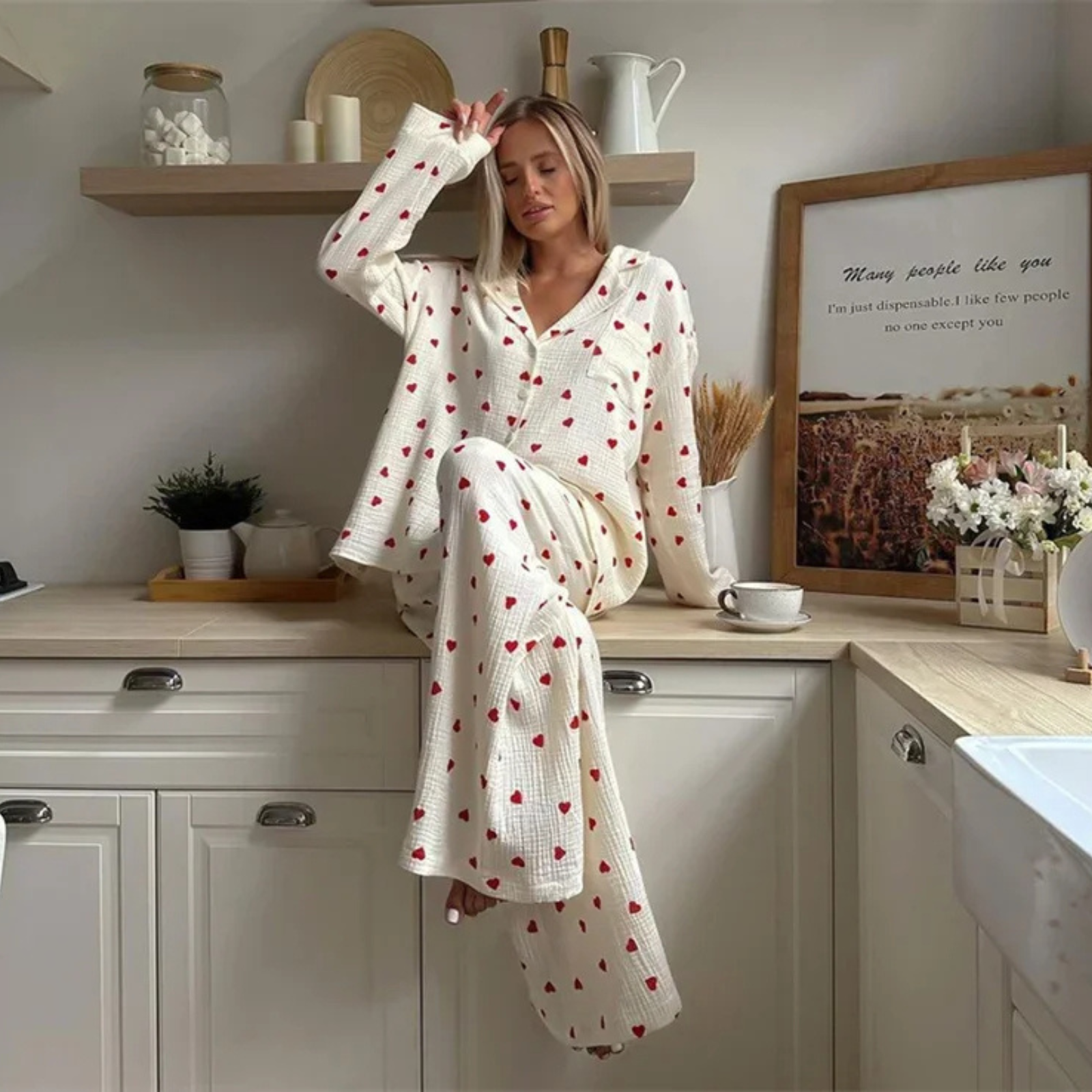 Heart & Haze: Kalp Desenli Bambu Kumaş Pijama Takımı