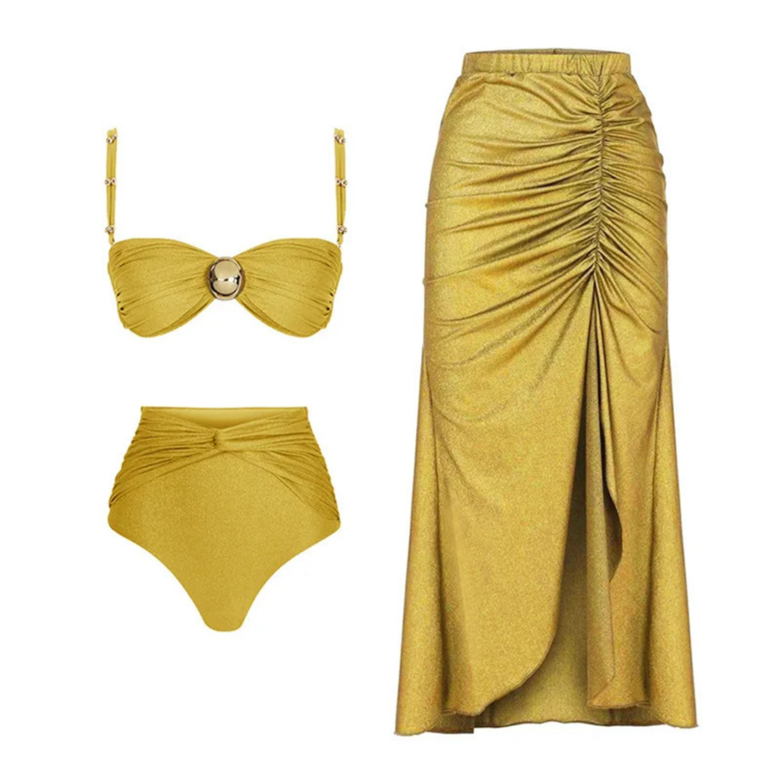 LustreLink: Işıltılı Yüksek Bel Bikini ve Etek Pareo Seti