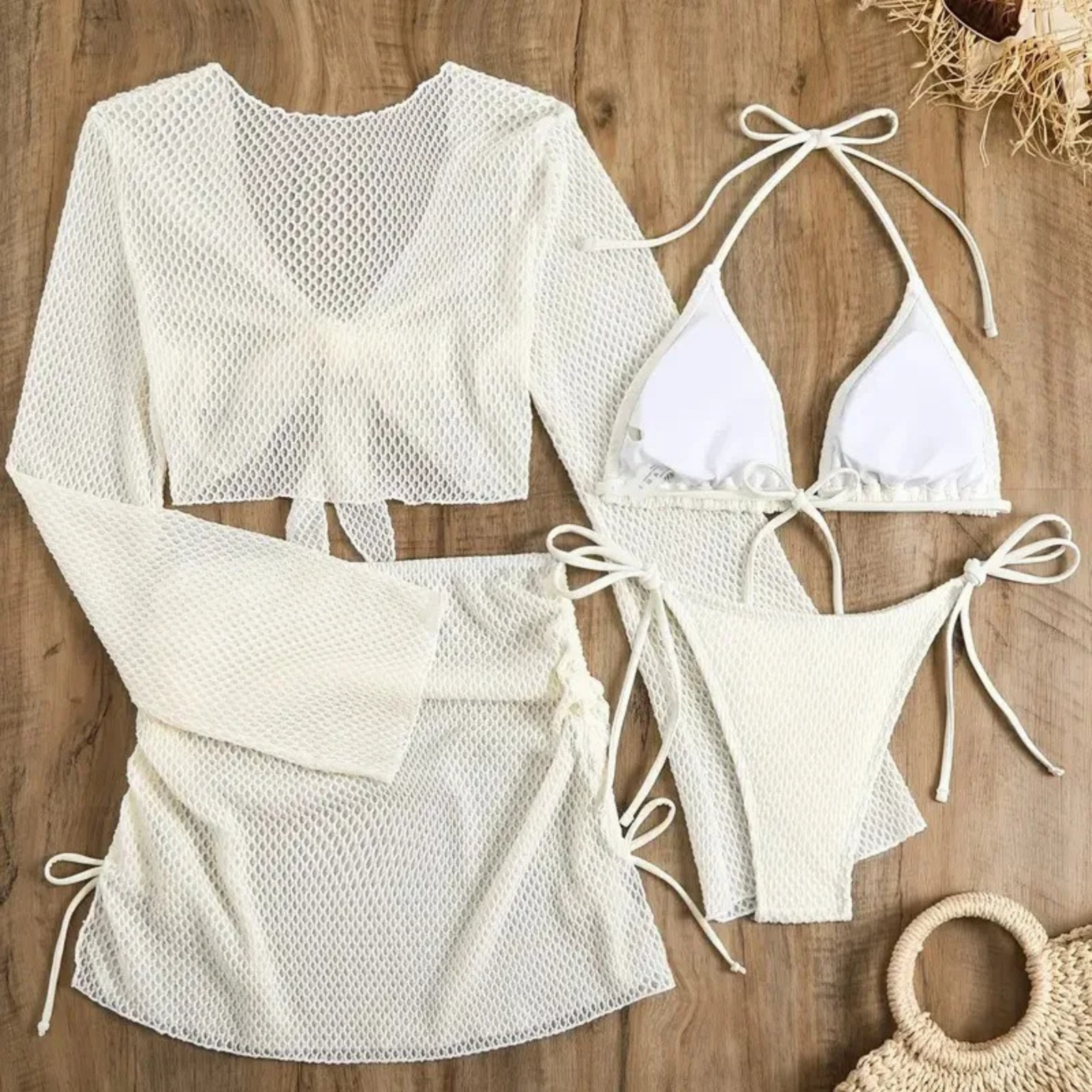 Lunara: 4 Parça Dantel Detaylı Çok Yönlü Bikini ve Plaj Takımı