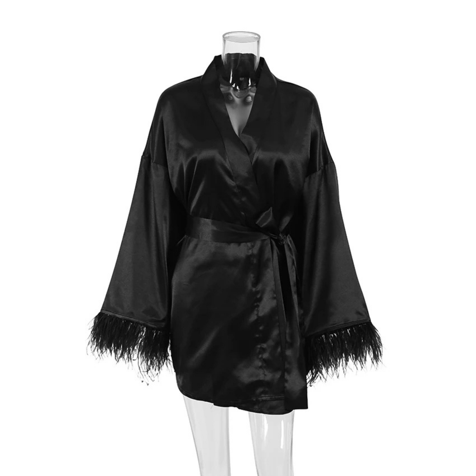Femme Fluff: Tüylü Kol Detaylı Mini Saten Sabahlık