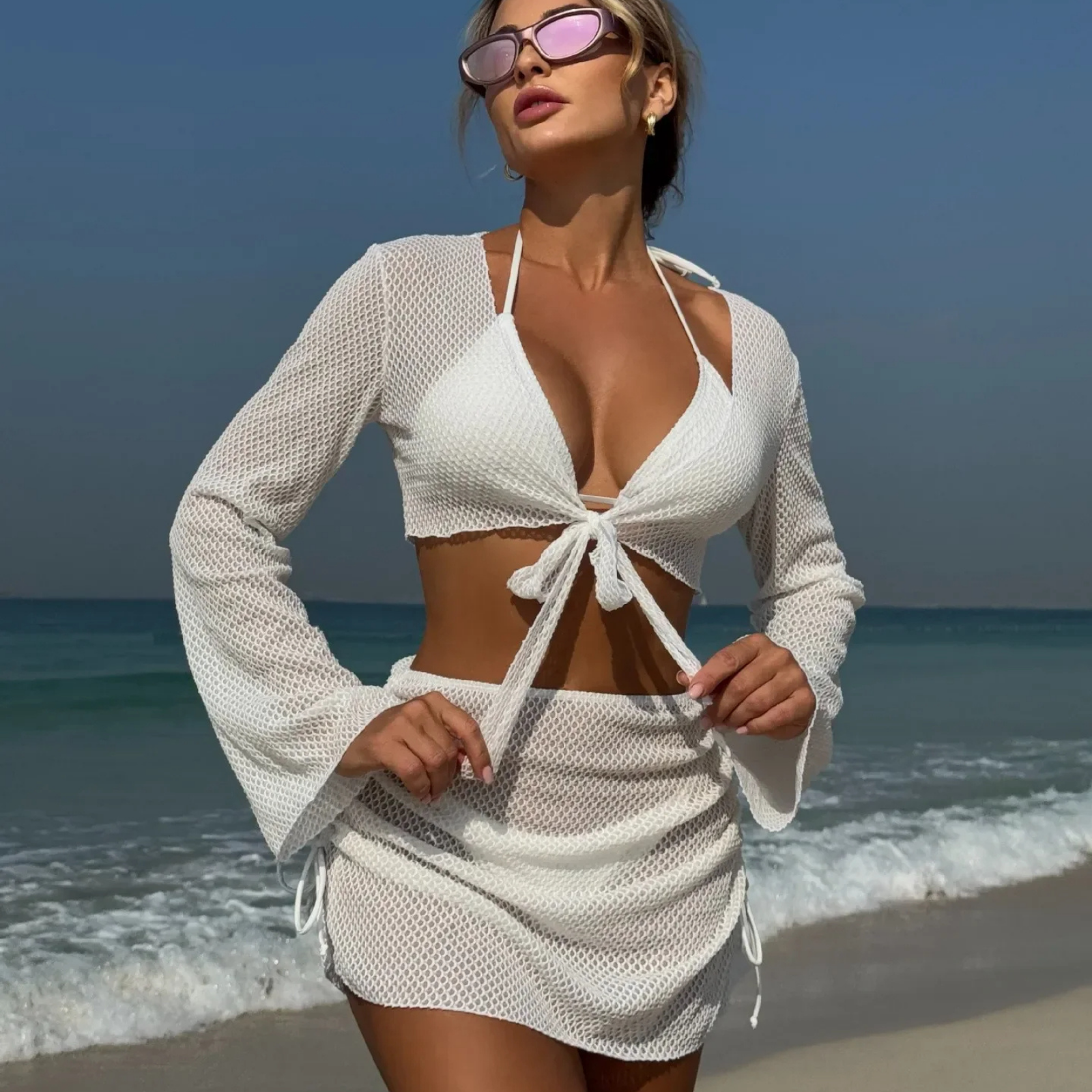 Lunara: 4 Parça Dantel Detaylı Çok Yönlü Bikini ve Plaj Takımı