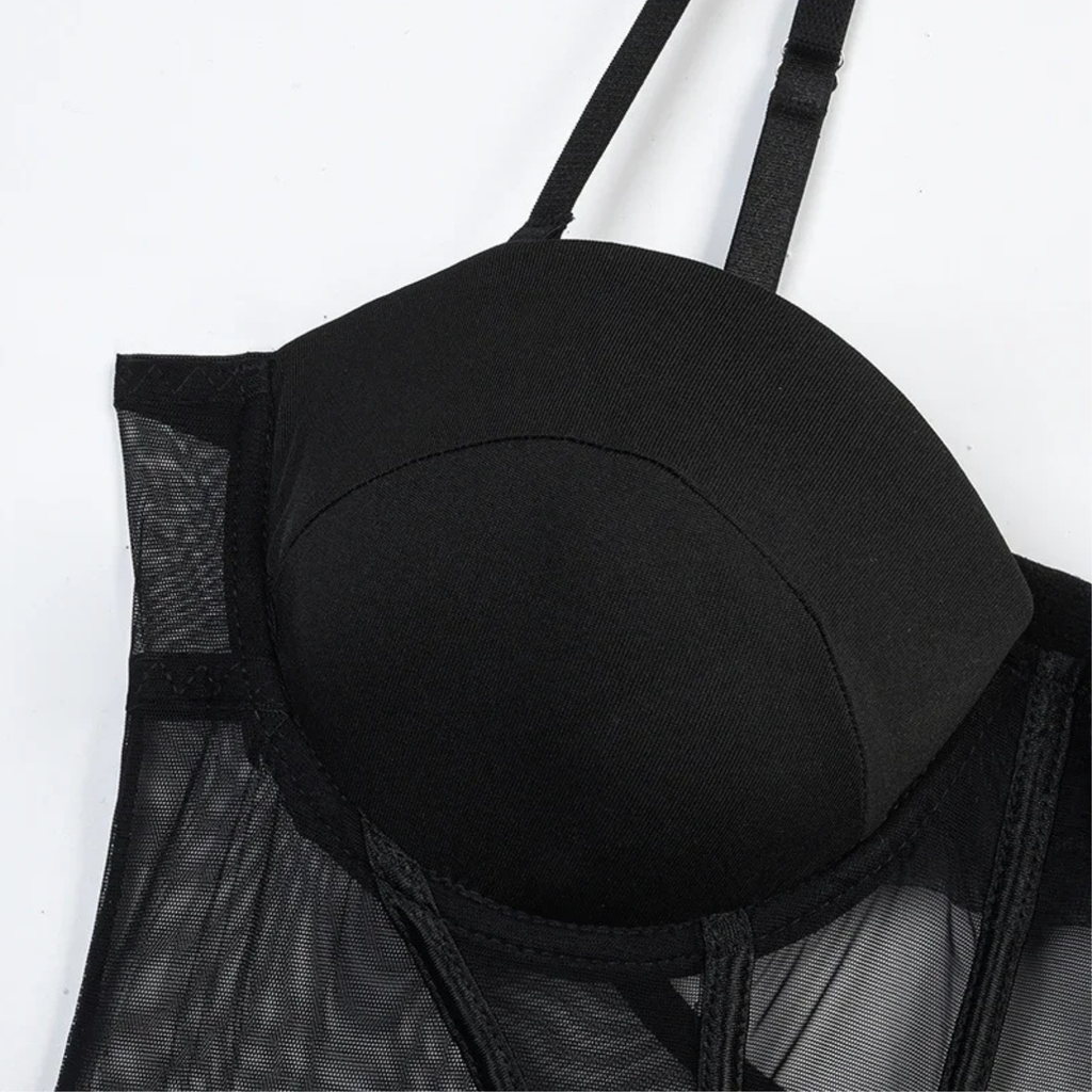 Sculpt Black: İncelten Etkili Jartiyerli Transparan Bodysuit Seti