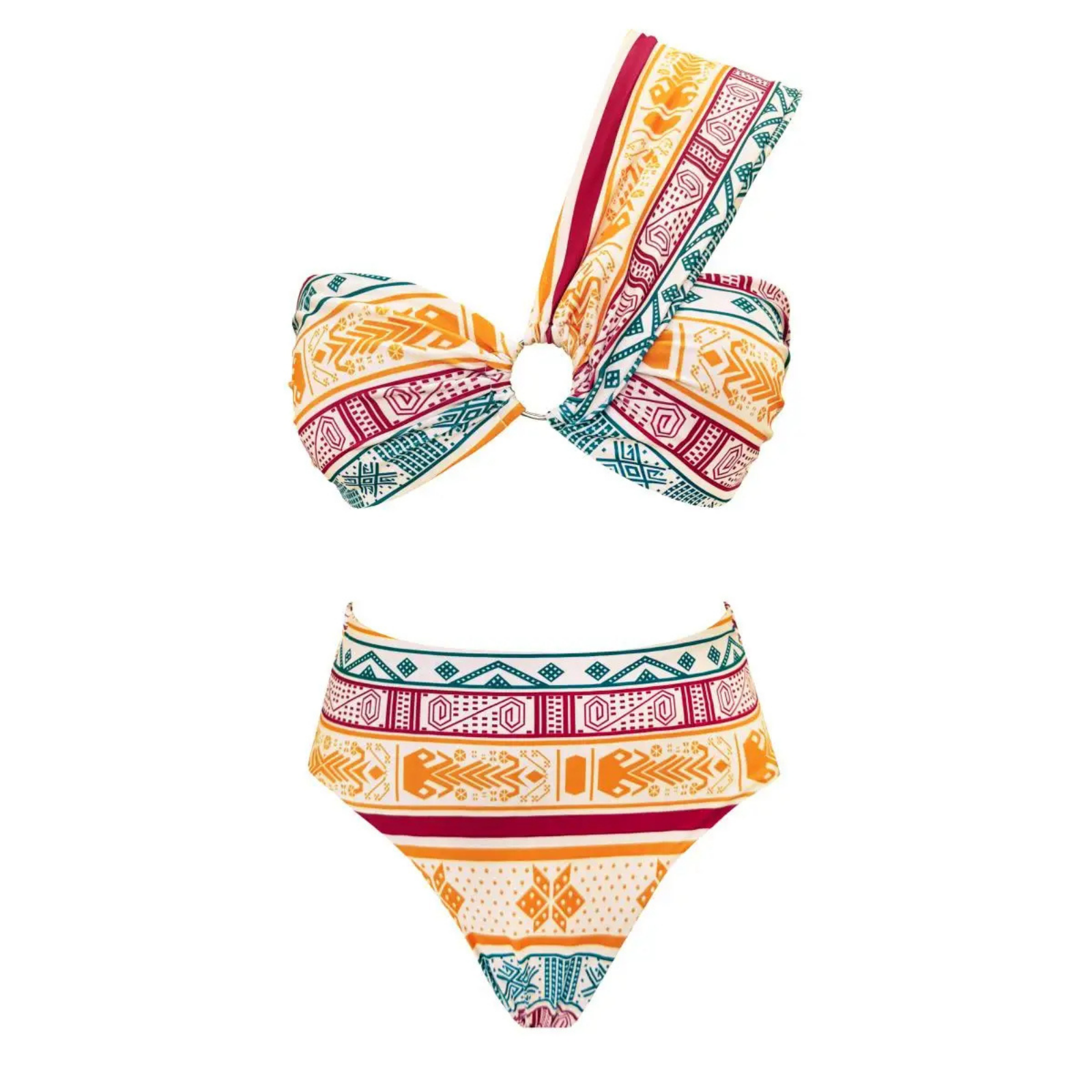 Solvara: Renkli Desenli Bikini & Fırfırlı Pareo Seti