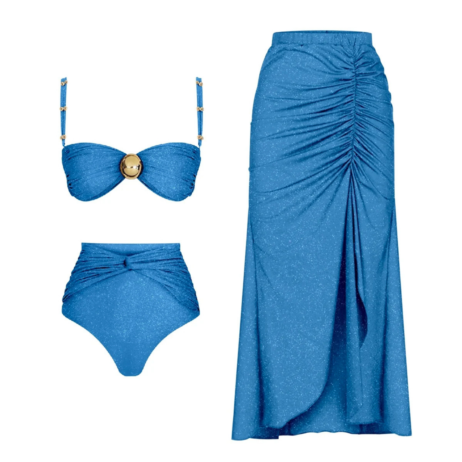 LustreLink: Işıltılı Yüksek Bel Bikini ve Etek Pareo Seti
