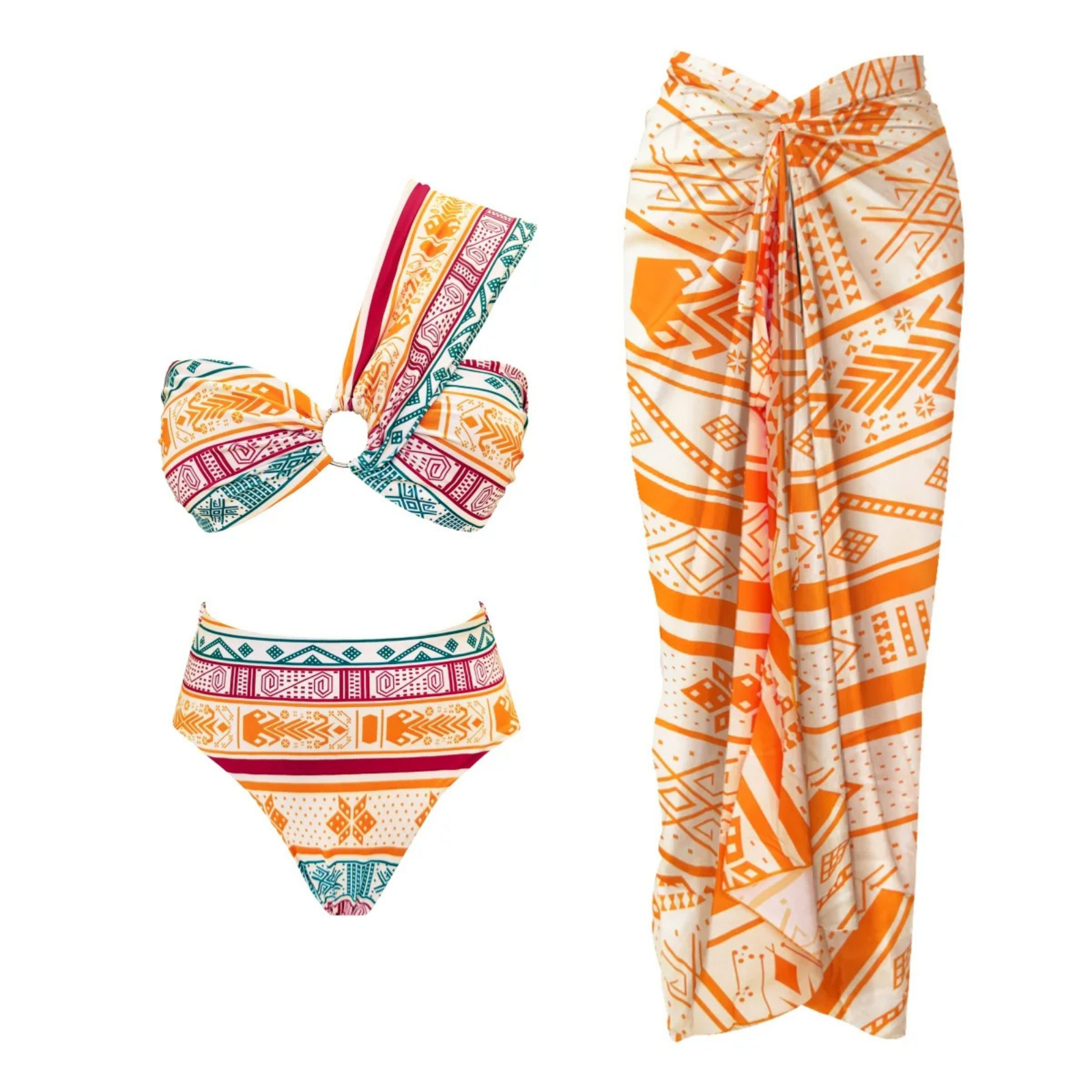Solvara: Renkli Desenli Bikini & Fırfırlı Pareo Seti
