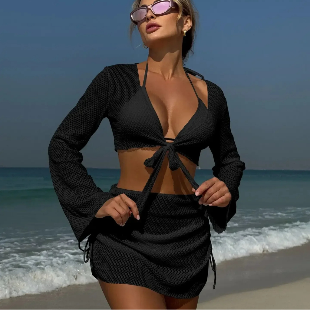 Lunara: 4 Parça Dantel Detaylı Çok Yönlü Bikini ve Plaj Takımı