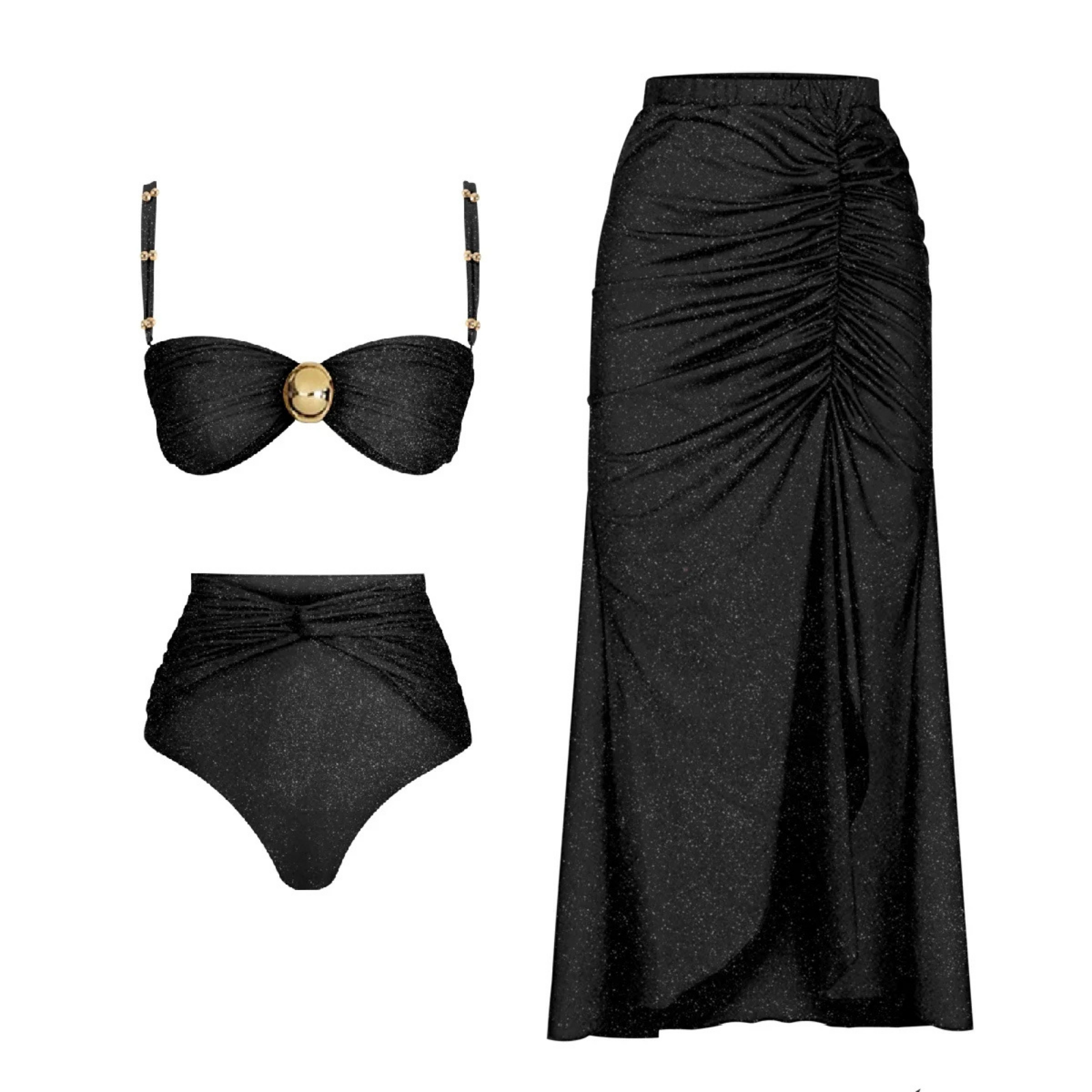 LustreLink: Işıltılı Yüksek Bel Bikini ve Etek Pareo Seti