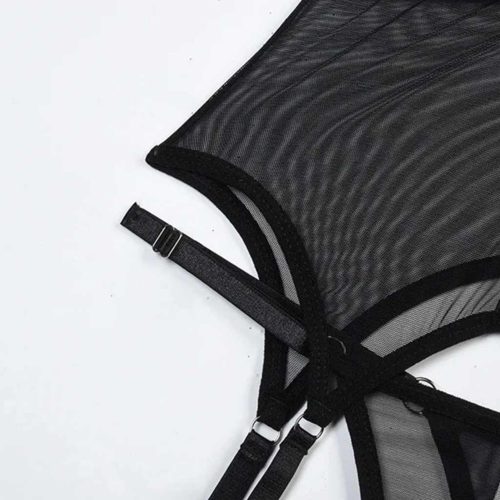 Sculpt Black: İncelten Etkili Jartiyerli Transparan Bodysuit Seti