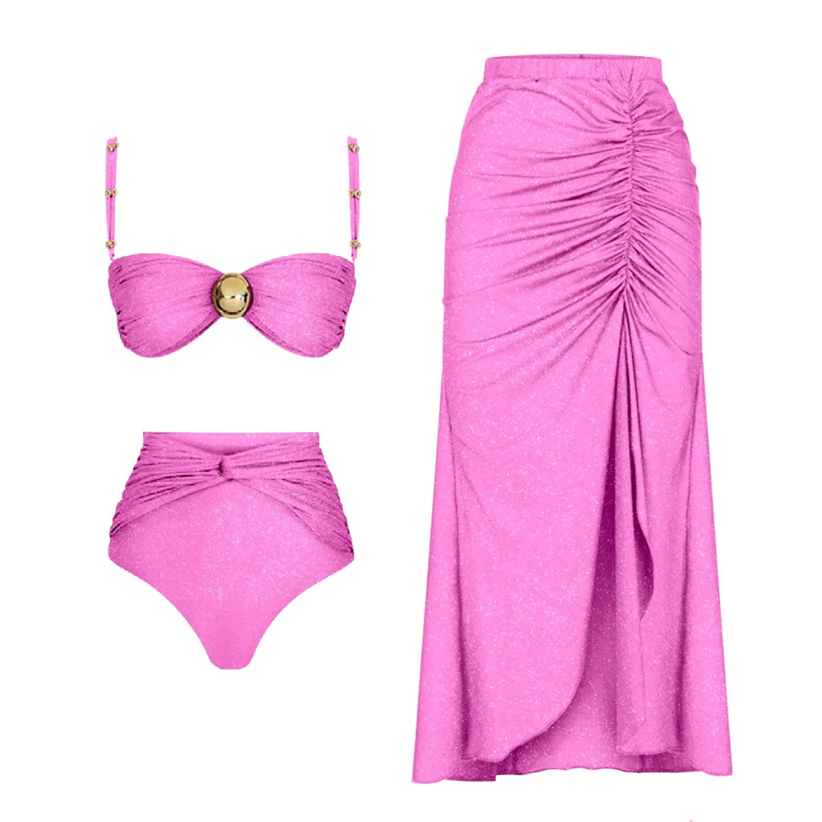 LustreLink: Işıltılı Yüksek Bel Bikini ve Etek Pareo Seti
