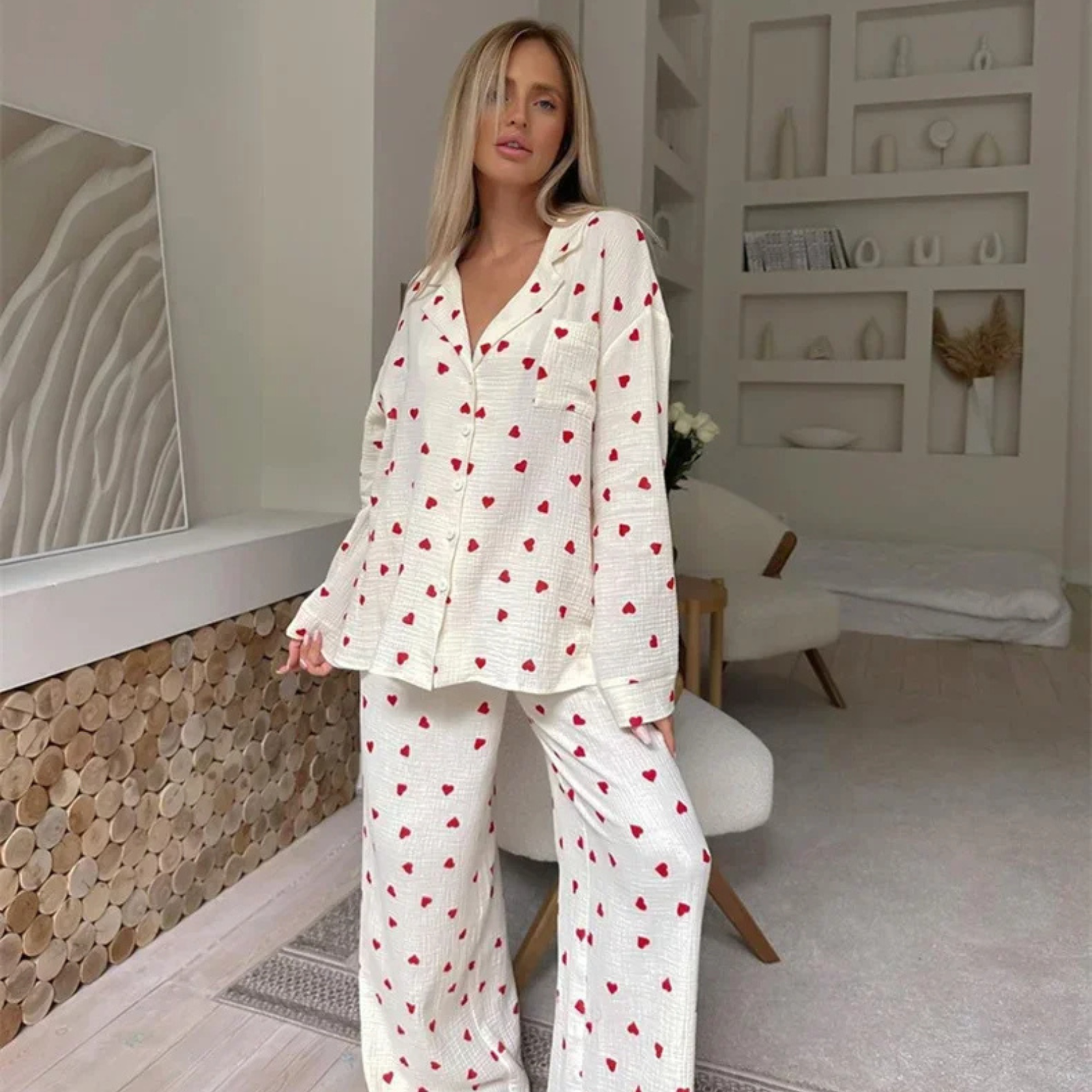 Heart & Haze: Kalp Desenli Bambu Kumaş Pijama Takımı